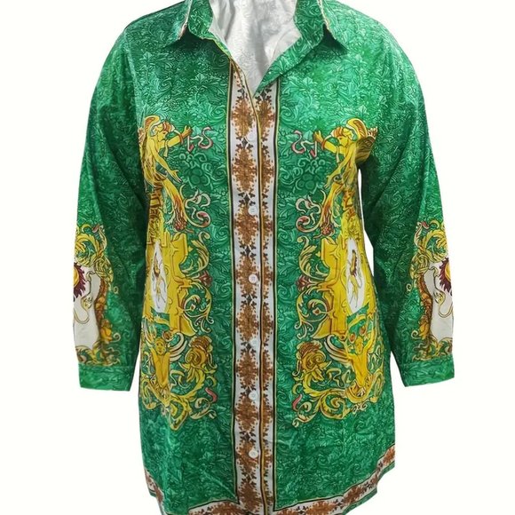 Plus Size Casual Dress, Women's Plus Baroque Print Button Up Long Sleeve - Picture 2 of 5